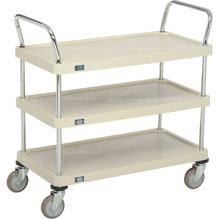 NEXEL Plastic Utility Cart w/3 Shelves & Poly Casters, 900 lb. Cap, 36L x 18W x 39H, Tan 1836P3SP